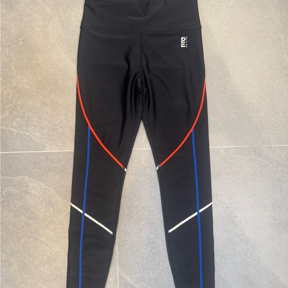 P.E Nation Black Leggings w/Red/Blue/White stitching - zippered ankles